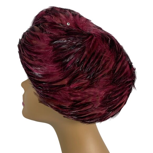 VTG Jack McConnell Women's Maroon Feather Rhinestone Wool Fascinator Hat OS - Picture 5 of 8